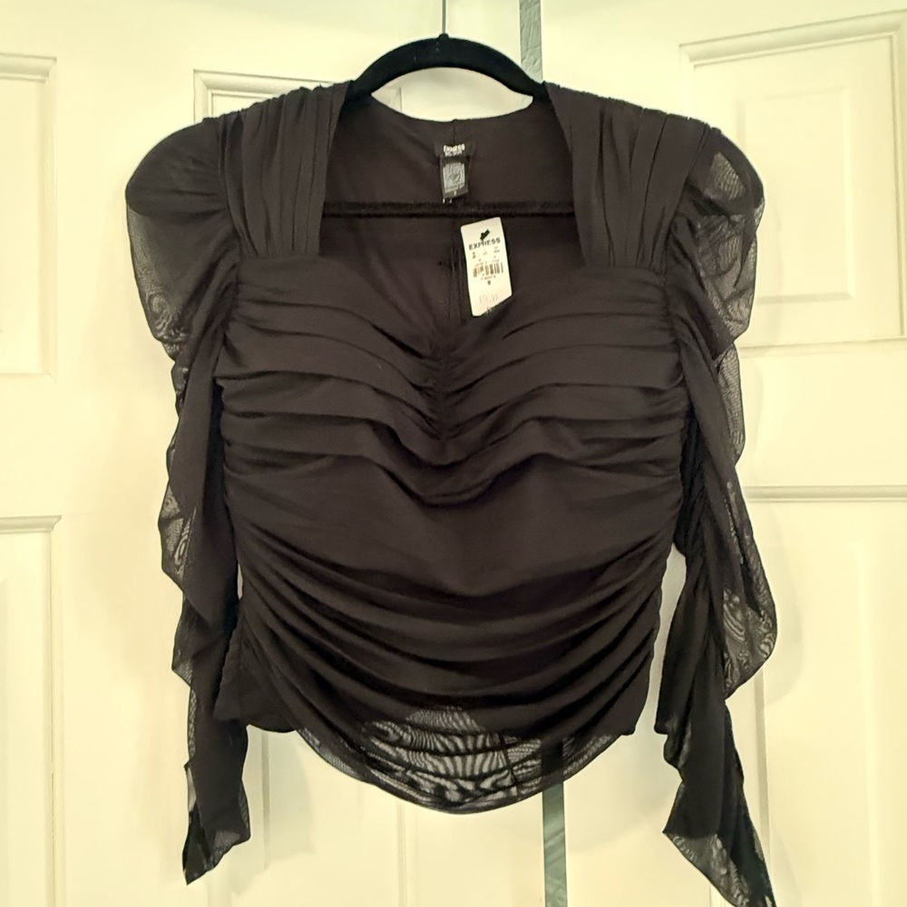 Express Black Ruched Mesh Blouse